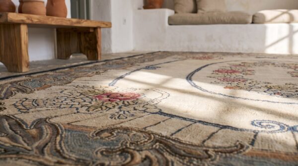 Floral medallion ivory beige cream white rectangle 1930s hooked - loop pile wool & cotton antique rug 7 Floral medallion ivory beige cream white rectangle 1930s hooked - loop pile wool & cotton antique rug (sku 17452) - in-room detail
