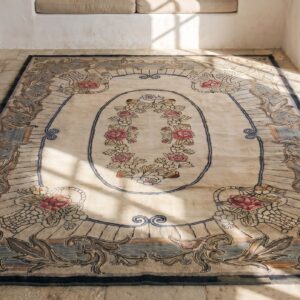Floral Medallion Ivory Beige Cream White Rectangle 1930s Hooked - Loop Pile Wool & Cotton Antique Rug (SKU 17452) - styled overhead view