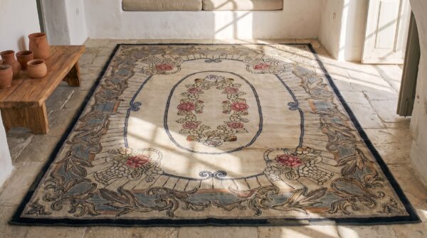 Floral medallion ivory beige cream white rectangle 1930s hooked - loop pile wool & cotton antique rug 2 Floral medallion ivory beige cream white rectangle 1930s hooked - loop pile wool & cotton antique rug (sku 17452) - styled overhead view
