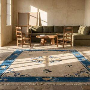 Floral Medallion Ivory Beige Cream White Wool Antique Rectangle Hand Knotted Pile 1930s Rug (SKU 22126) - room view