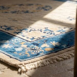 Floral Medallion Ivory Beige Cream White Wool Antique Rectangle Hand Knotted Pile 1930s Rug (SKU 22126) - in-room detail