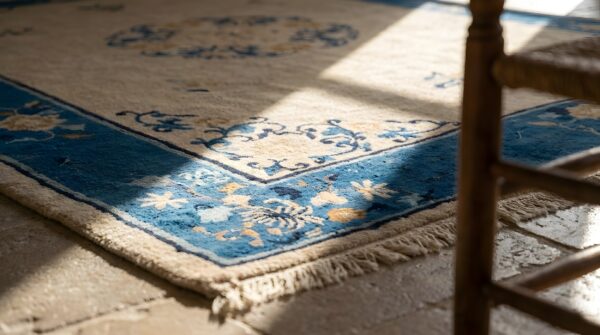 Floral medallion ivory beige cream white wool antique rectangle hand knotted pile 1930s rug 9 Floral medallion ivory beige cream white wool antique rectangle hand knotted pile 1930s rug (sku 22126) - in-room detail