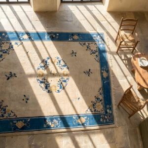 Floral Medallion Ivory Beige Cream White Wool Antique Rectangle Hand Knotted Pile 1930s Rug (SKU 22126) - styled overhead view