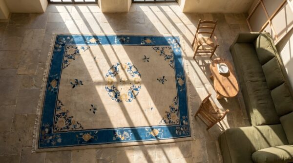 Floral medallion ivory beige cream white wool antique rectangle hand knotted pile 1930s rug 2 Floral medallion ivory beige cream white wool antique rectangle hand knotted pile 1930s rug (sku 22126) - styled overhead view