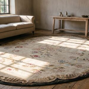 Antique Floral Medallion Oval Wool Hand Knotted Ivory Beige 1880s Rug (SKU 18178) - room view