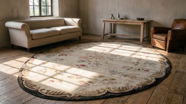 Antique floral medallion oval wool hand knotted ivory beige 1880s rug (sku 18178) - room view