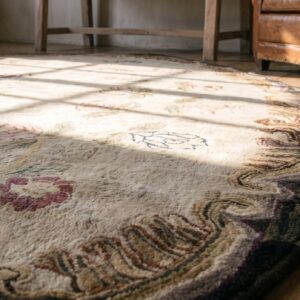 Antique Floral Medallion Oval Wool Hand Knotted Ivory Beige 1880s Rug (SKU 18178) - in-room detail