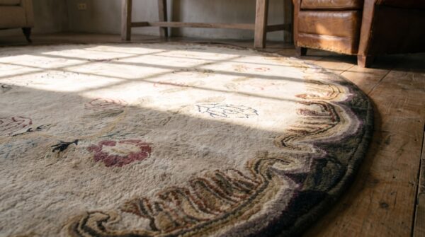 Antique floral medallion oval wool hand knotted ivory beige 1880s rug (sku 18178) - in-room detail