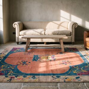 Floral Medallion Rectangle Hand Knotted Pile 1920s Antique Wool Coral Rug (SKU 22688) - room view