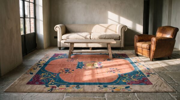 Floral medallion rectangle hand knotted pile 1920s antique wool coral rug (sku 22688) - room view