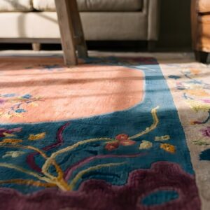 Floral Medallion Rectangle Hand Knotted Pile 1920s Antique Wool Coral Rug (SKU 22688) - in-room detail