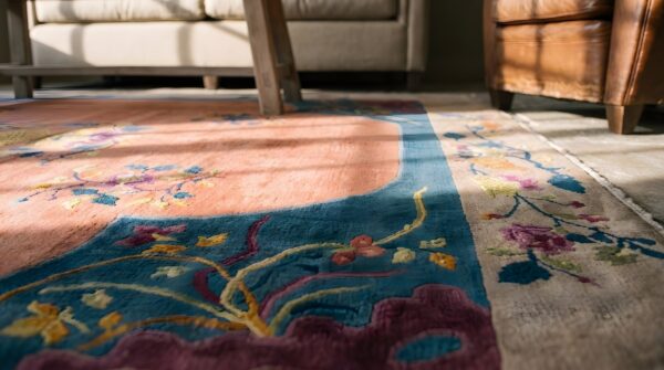 Floral medallion rectangle hand knotted pile 1920s antique wool coral rug (sku 22688) - in-room detail