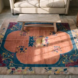 Floral Medallion Rectangle Hand Knotted Pile 1920s Antique Wool Coral Rug (SKU 22688) - styled overhead view