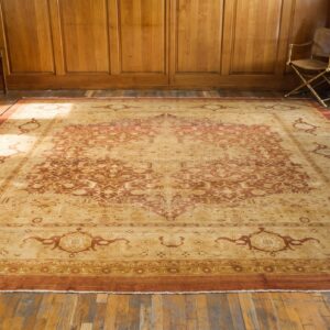 Antique Floral Medallion Square Wool Hand Knotted Pile Coral / Salmon Pink 1900s Rug (SKU 20292) - room view