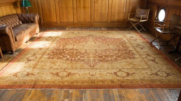 Antique floral medallion square wool hand knotted pile coral / salmon pink 1900s rug 8 Antique floral medallion square wool hand knotted pile coral / salmon pink 1900s rug (sku 20292) - room view