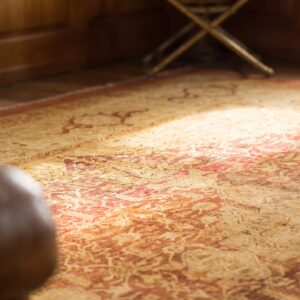 Antique Floral Medallion Square Wool Hand Knotted Pile Coral / Salmon Pink 1900s Rug (SKU 20292) - in-room detail