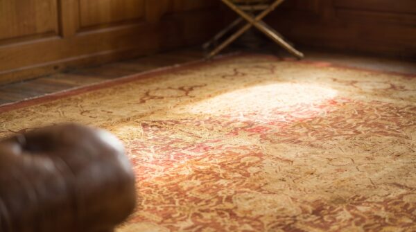 Antique floral medallion square wool hand knotted pile coral / salmon pink 1900s rug 9 Antique floral medallion square wool hand knotted pile coral / salmon pink 1900s rug (sku 20292) - in-room detail
