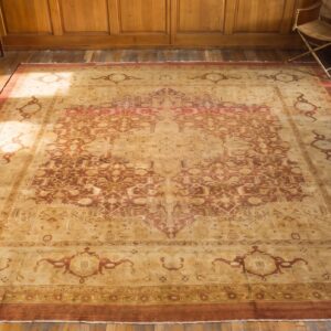 Antique Floral Medallion Square Wool Hand Knotted Pile Coral / Salmon Pink 1900s Rug (SKU 20292) - styled overhead view