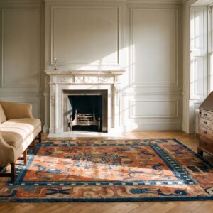 Antique Hand Knotted Floral Medallion Wool Square Yellow 1900s Rug (SKU 23372) - room view