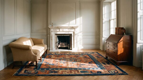 Antique hand knotted floral medallion wool square yellow 1900s rug (sku 23372) - room view