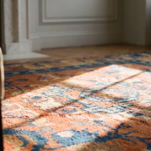 Antique Hand Knotted Floral Medallion Wool Square Yellow 1900s Rug (SKU 23372) - in-room detail