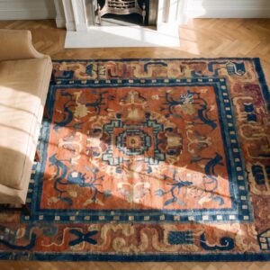 Antique Hand Knotted Floral Medallion Wool Square Yellow 1900s Rug (SKU 23372) - styled overhead view
