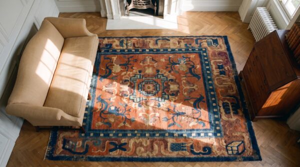 Antique hand knotted floral medallion wool square yellow 1900s rug (sku 23372) - styled overhead view