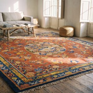 Antique Floral Medallion Wool Hand Knotted Yellow 1700s Square Rug (SKU 22747) - room view