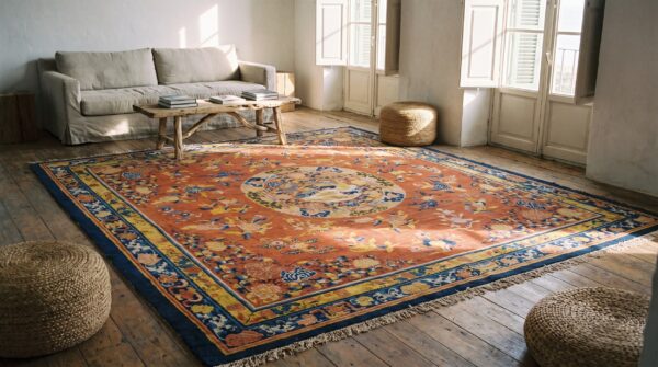 Antique floral medallion wool hand knotted yellow 1700s square rug 7 Antique floral medallion wool hand knotted yellow 1700s square rug (sku 22747) - room view