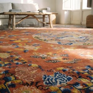 Antique Floral Medallion Wool Hand Knotted Yellow 1700s Square Rug (SKU 22747) - in-room detail