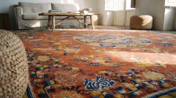 Antique floral medallion wool hand knotted yellow 1700s square rug 8 Antique floral medallion wool hand knotted yellow 1700s square rug (sku 22747) - in-room detail