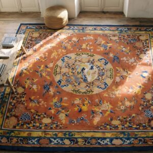 Antique Floral Medallion Wool Hand Knotted Yellow 1700s Square Rug (SKU 22747) - styled overhead view