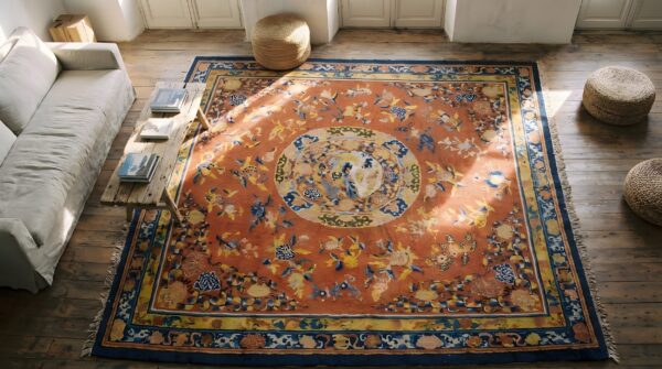 Antique floral medallion wool hand knotted yellow 1700s square rug 2 Antique floral medallion wool hand knotted yellow 1700s square rug (sku 22747) - styled overhead view