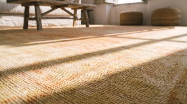 Antique floral medallion wool hand knotted pile yellow 1890s rug 7 Antique floral medallion wool hand knotted pile yellow 1890s rug (sku 19882) - in-room detail