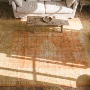 Antique Floral Medallion Wool Hand Knotted Pile Yellow 1890s Rug (SKU 19882) - styled overhead view