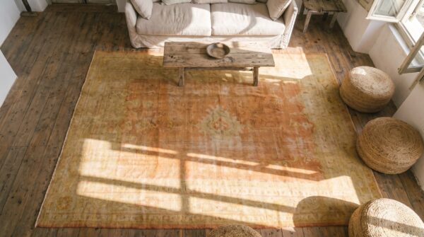 Antique floral medallion wool hand knotted pile yellow 1890s rug 2 Antique floral medallion wool hand knotted pile yellow 1890s rug (sku 19882) - styled overhead view