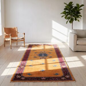 Antique Floral Medallion Wool Hand Knotted Yellow 1920s Hallway Runner Rug (SKU 22294) - room view