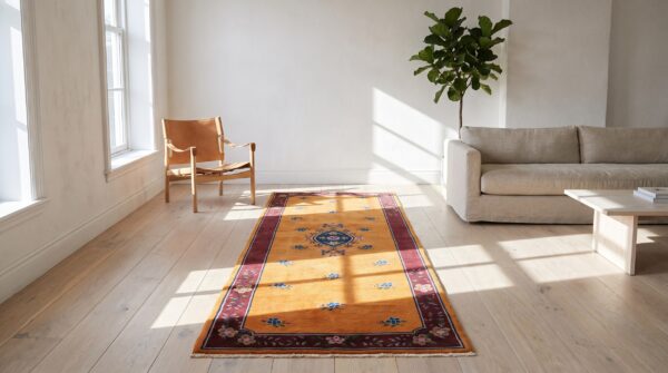 Antique floral medallion wool hand knotted yellow 1920s hallway runner rug 5 Antique floral medallion wool hand knotted yellow 1920s hallway runner rug (sku 22294) - room view