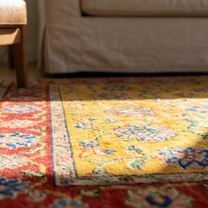 Antique Floral Medallion Wool Hand Knotted Yellow 1920s Hallway Runner Rug (SKU 22294) - in-room detail