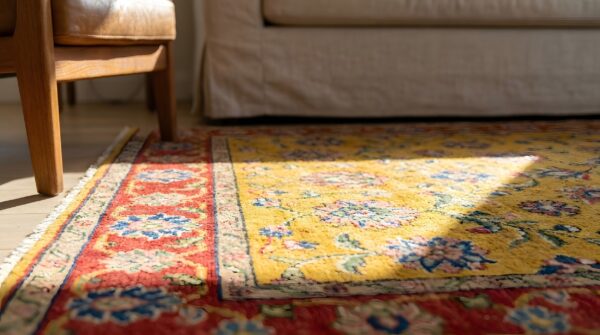 Antique floral medallion wool hand knotted yellow 1920s hallway runner rug 6 Antique floral medallion wool hand knotted yellow 1920s hallway runner rug (sku 22294) - in-room detail