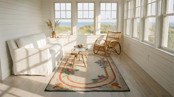 Antique floral oval inlay pattern american hooked rug 4 Antique floral oval inlay pattern american hooked rug (sku 25383) - room view
