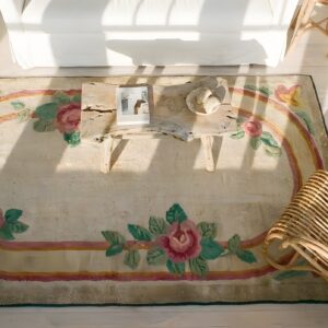 Antique Floral Oval Inlay Pattern American Hooked Rug (SKU 25383) - styled overhead view
