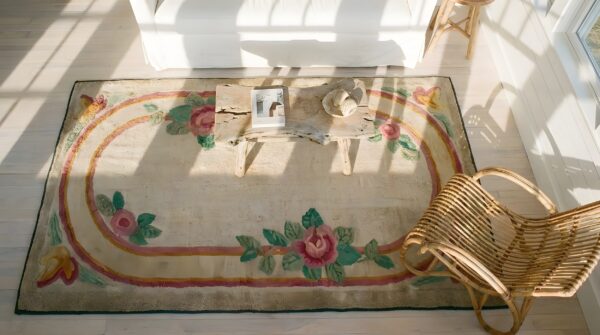 Antique floral oval inlay pattern american hooked rug 2 Antique floral oval inlay pattern american hooked rug (sku 25383) - styled overhead view