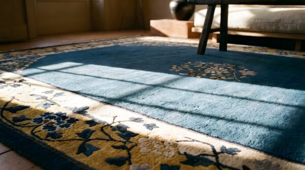 Hand knotted floral pattern antique blue color wool pile peking chinese rug 7 Hand knotted floral pattern antique blue color wool pile peking chinese rug (sku 25358) - in-room detail