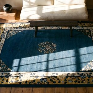 Hand Knotted Floral Pattern Antique Blue Color Wool Pile Peking Chinese Rug (SKU 25358) - styled overhead view