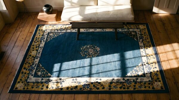 Hand knotted floral pattern antique blue color wool pile peking chinese rug 2 Hand knotted floral pattern antique blue color wool pile peking chinese rug (sku 25358) - styled overhead view