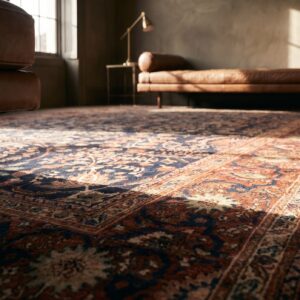 Floral Pattern Blue Color Antique Persian Room Size Sarouk Farahan Carpet (SKU 17573) - in-room detail