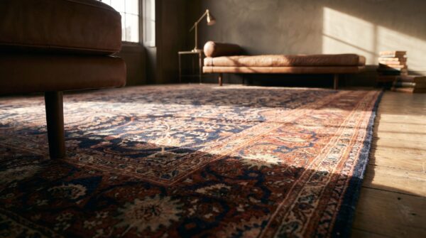 Floral pattern blue color antique persian room size sarouk farahan carpet 7 Floral pattern blue color antique persian room size sarouk farahan carpet (sku 17573) - in-room detail