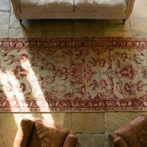Antique Floral Pattern Fine Weave Hallway Runner Persian Kerman Rug (SKU 25606) - styled overhead view