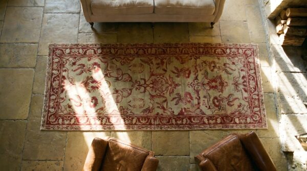 Antique floral pattern fine weave hallway runner persian kerman rug 2 Antique floral pattern fine weave hallway runner persian kerman rug (sku 25606) - styled overhead view